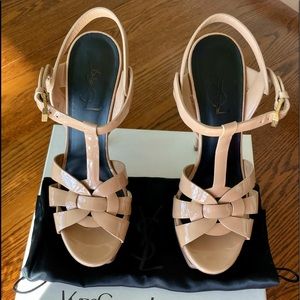 Yves Saint Laurent Tribute 105MM Patent Leather Nude Platform Sandals